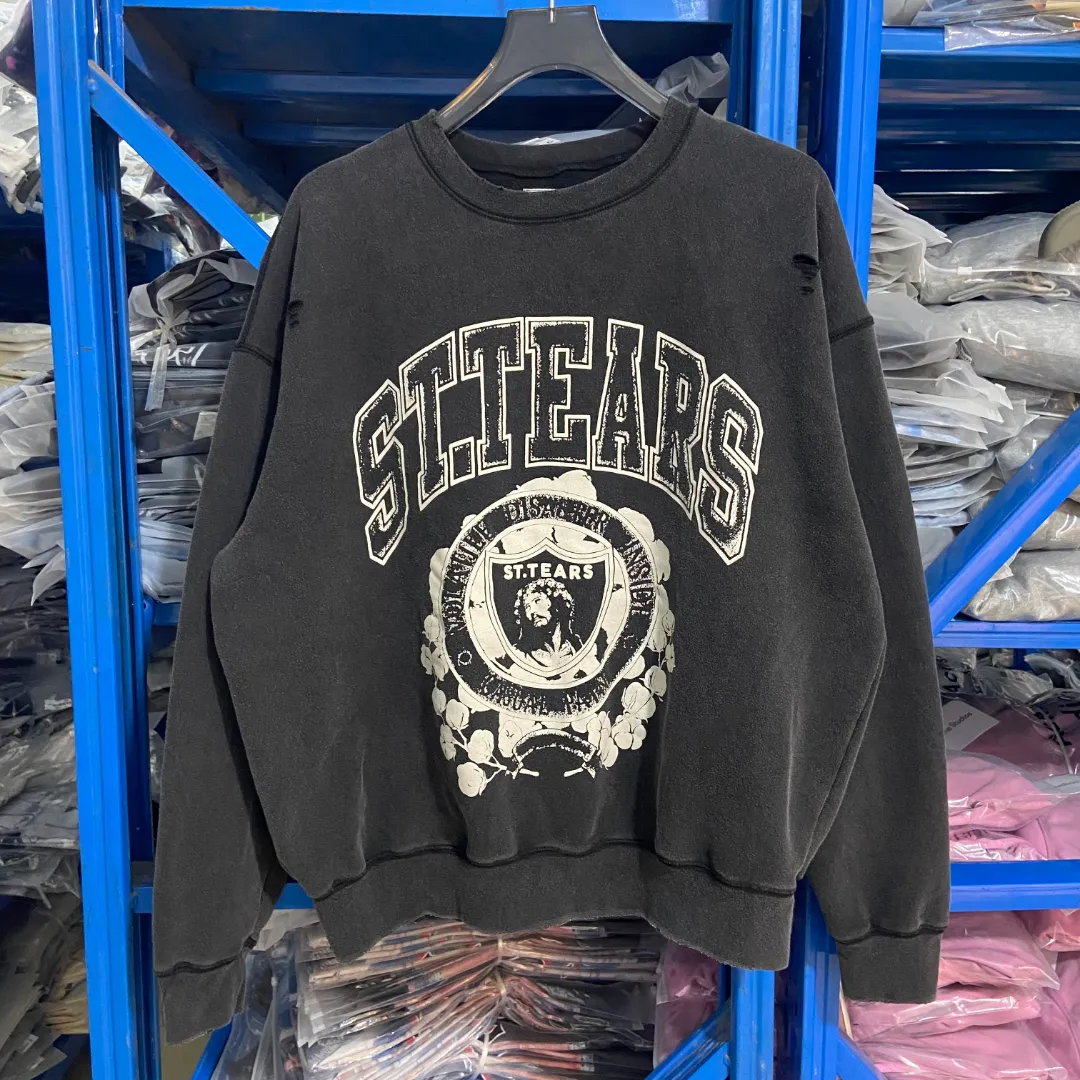 New arrival🆕SAINT MICHAEL DENIM TEARS co-branded DT_CRW SWEAT washed distressed plus velvet loose sweatshirt Fabric: 420g Style number: SM611 Size: S-M-L-XL Color: Black Price: P198